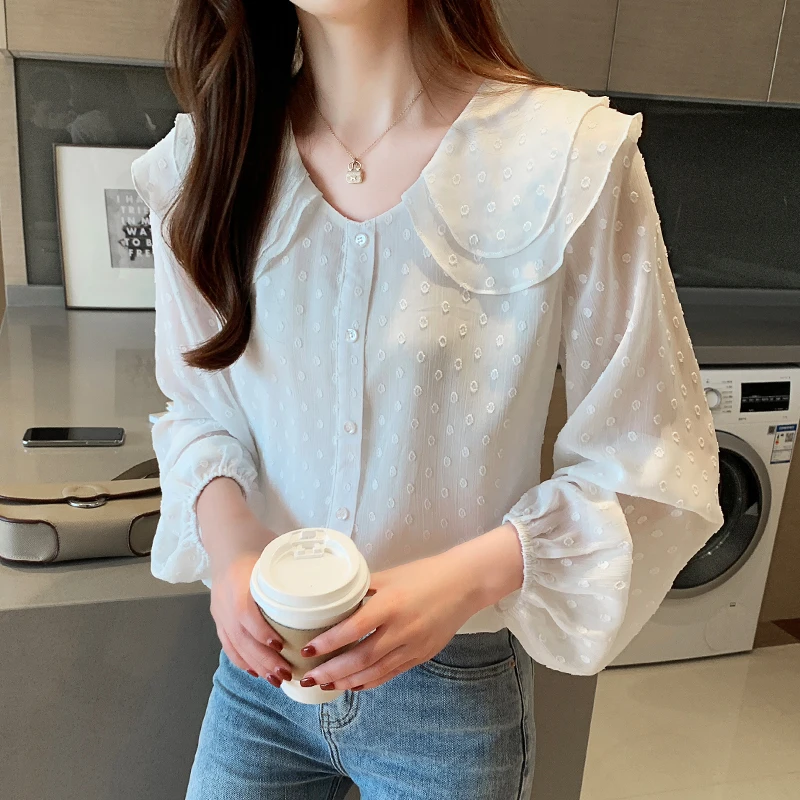 

COIGARSAM Fashion Shirt Womens tops New Spring Office Lady Patchwork Full Sleeve Chiffon Solid Loose Women shirts White 6823