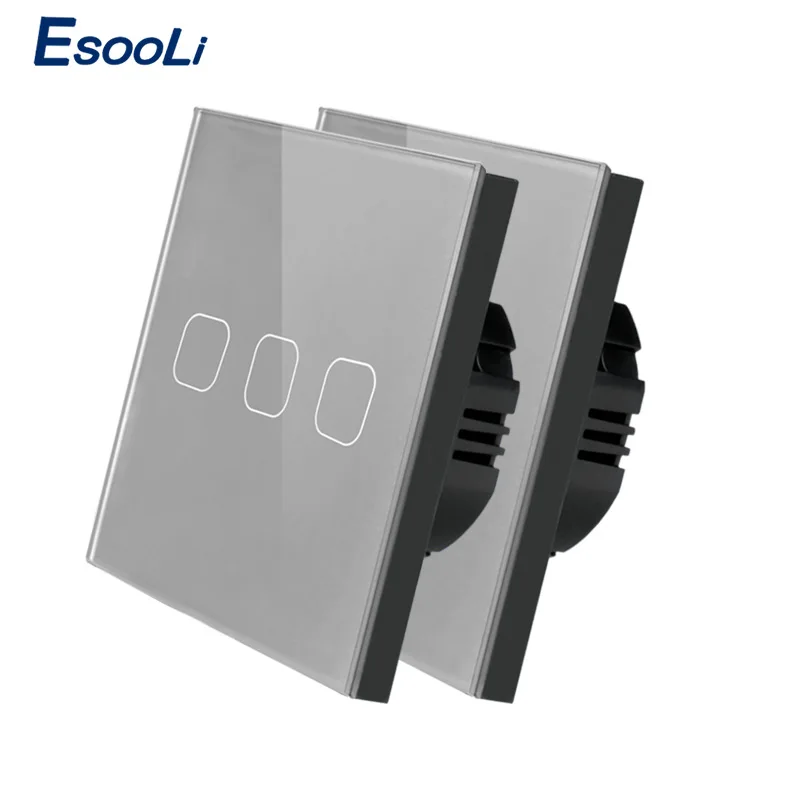 Esooli AC220V, 1/2/3 1Way светильник стены Сенсорный экран переключатель сенсорный выключатель света ЕС Стандартный сенсорный выключатель с украшением в виде кристаллов Стекло Панель сенсорный выключатель, 2 предмета в комплекте - Цвет: 2 pcs gray 3 gang