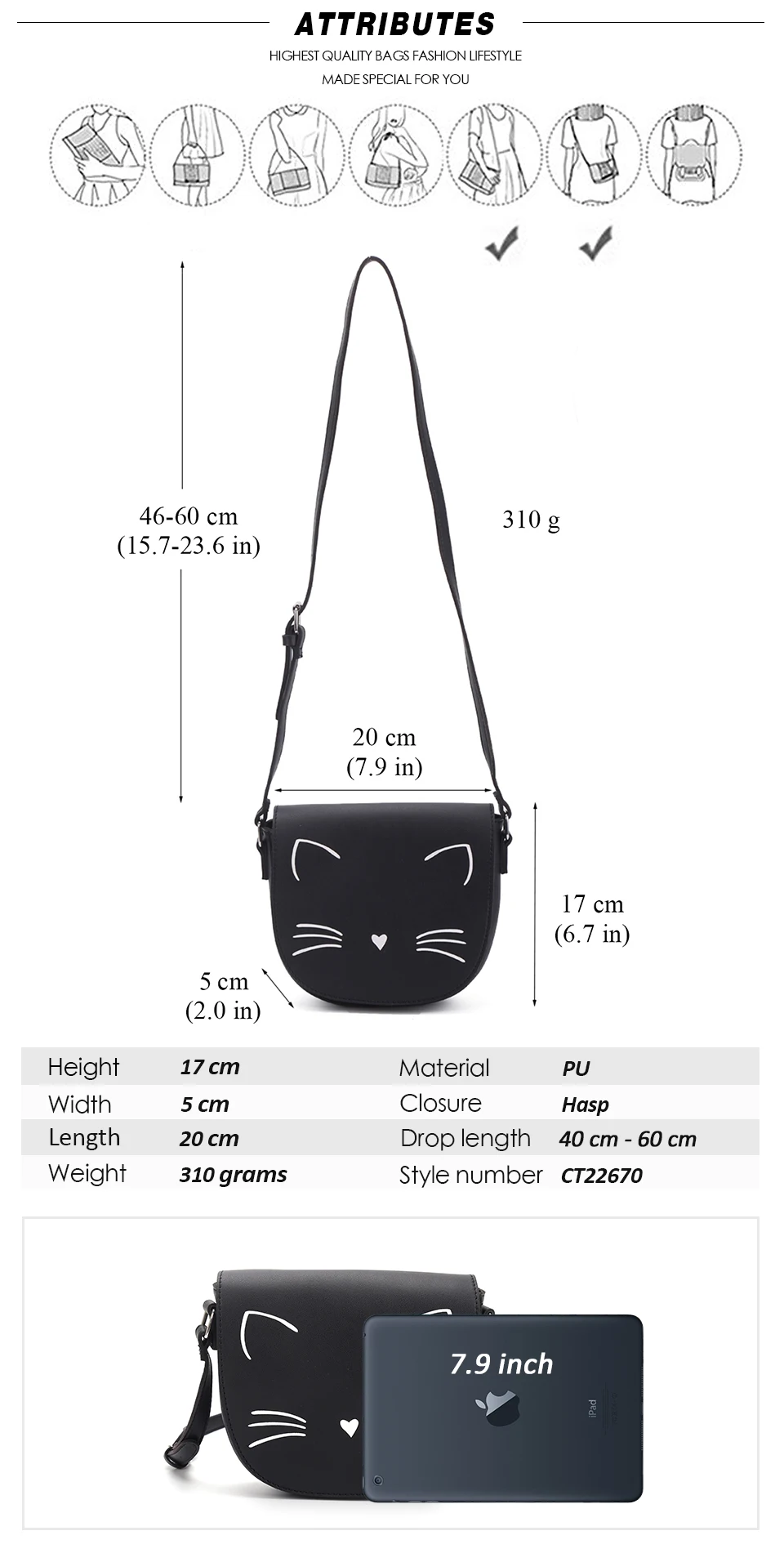 AFKOMST модные сумки через плечо для женщин милый черный Кот узор сплошной дизайн сумка высокого качества CT22670