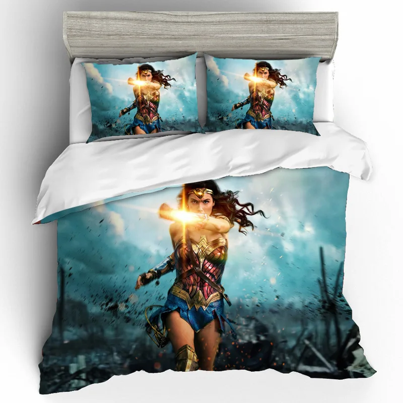 Хлопковый комплект постельного белья с принтом Wonder Woman, Комплект постельного белья queen King size, s пододеяльник, простыни, наволочки, постельное белье, домашний текстиль
