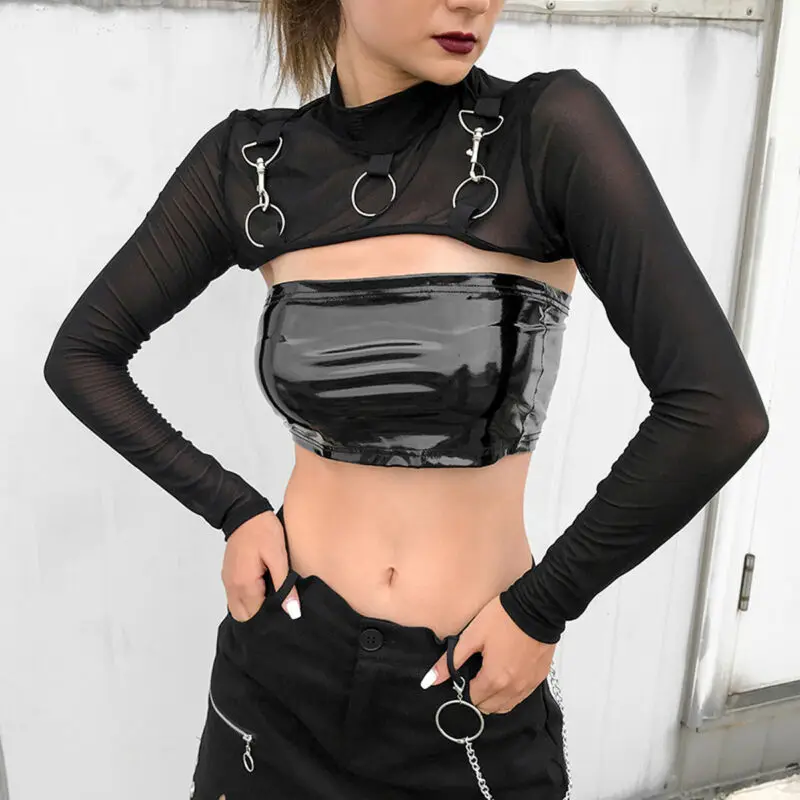 Fashion Women Mesh Long Sleeve O Neck Crop Tops Bikini Cover Up