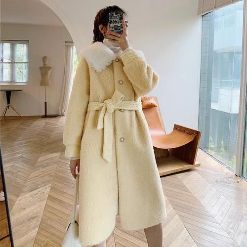 Yellow Пальто из натурального меха, Женская куртка в Корейском стиле, винтажная шерстяная куртка, зимние пальто, женская одежда, мех, Длинные Топы 201926 - Цвет: Yellow