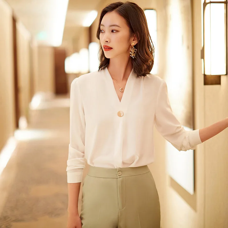 

V-neck QMilch Shirt Women's Long-Sleeved Commuter 2020 Autumn New Fashion Fashion Design Professional Shirt Top Women Blouses