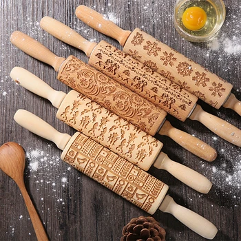 

DIY Manual Rolling Pins Engraved with Designe Patterns Wooden Roller For Baking Embossed Cookies kitchen tools Christmas Gift