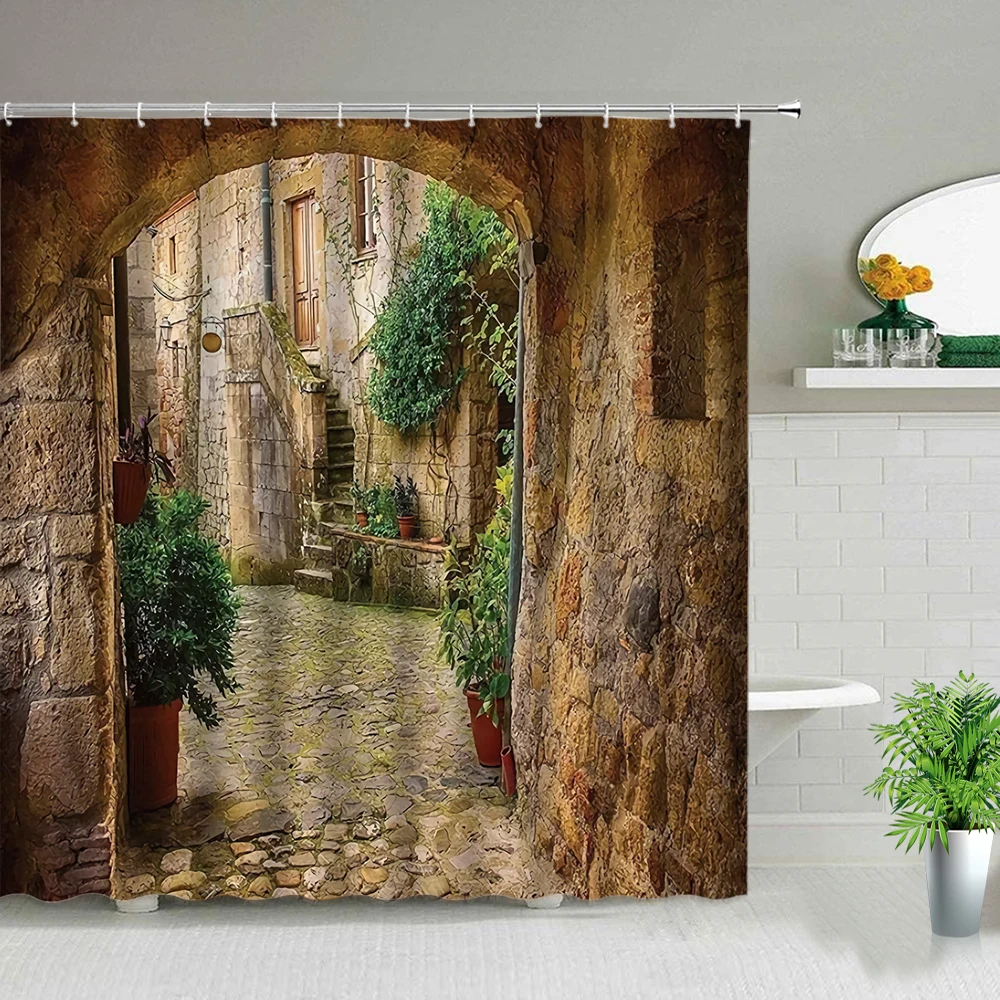 Shower Curtains Window Outside Forest Bridge Spring Landscape Creativity Zen Stone Tree Building Scenery Cloth With Hook