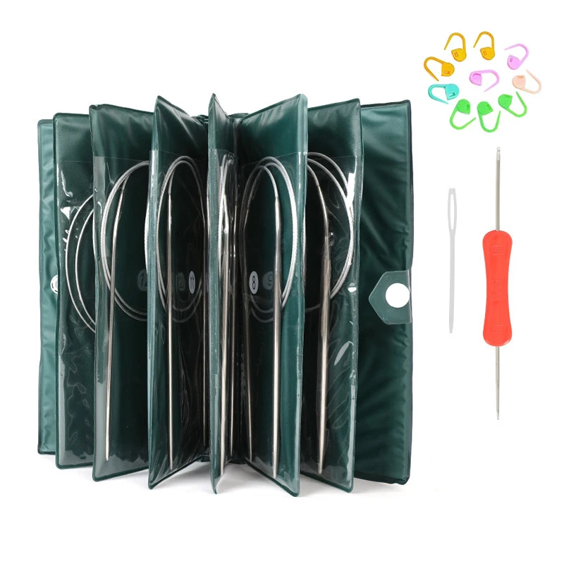 

11 Pcs (43cm 65cm 80cm) Stainless Steel Circular Knitting Needles Crochet Hook Weave Set DIY Yarn Weave Craft Tools With Bag