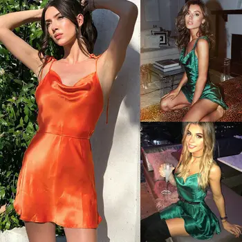 

2020 Strap Summer Women Backless Satin Silk Bandage Dress Women Party Night V Neck Sleeveless Nightwear Dress