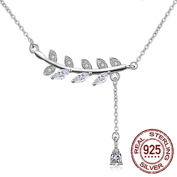 

925 Sterling Silver Temperament Niche Design Diamond Asymmetric Leaf Necklace Tassel Pendant Clavicle Chain Valentine's Day Gift