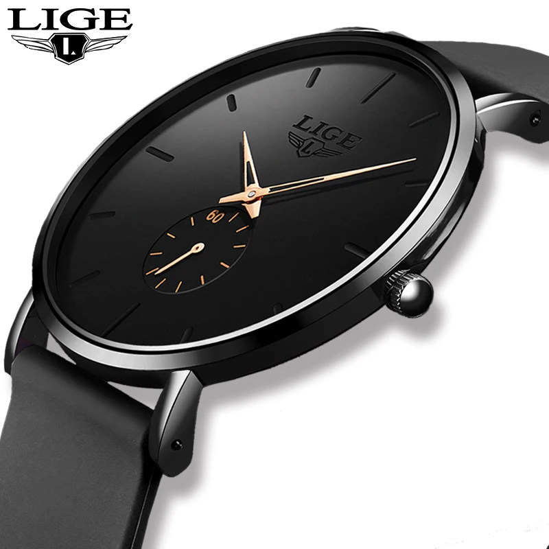 

LIGE Fashion Simple Men Watch Silicone Strap 30M Waterproof Quartz Wrist Watch for Men Ultrathin Black Dial Watches reloj hombre