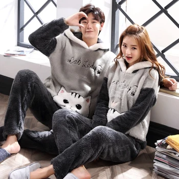 

New Unisex Adult Cute Winter Couple Pajamas Warm Thickening Hooded Male Pajamas Set Long Sleeve Sleepwear Cute Cartoon Home Suit