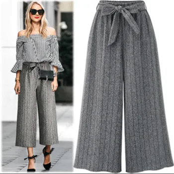 

KLV pants women pants брюки женские Womens Casual Loose Elastic Waist Stripe Trouser Cropped Wide Leg Pants free shipping D4