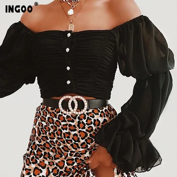

INGOO Summer Fashion Off Shoulder Chiffon Blouse Women Pearl Button Puff Sleeve Backless Crop Ruched Shirt Top Female Streetwear