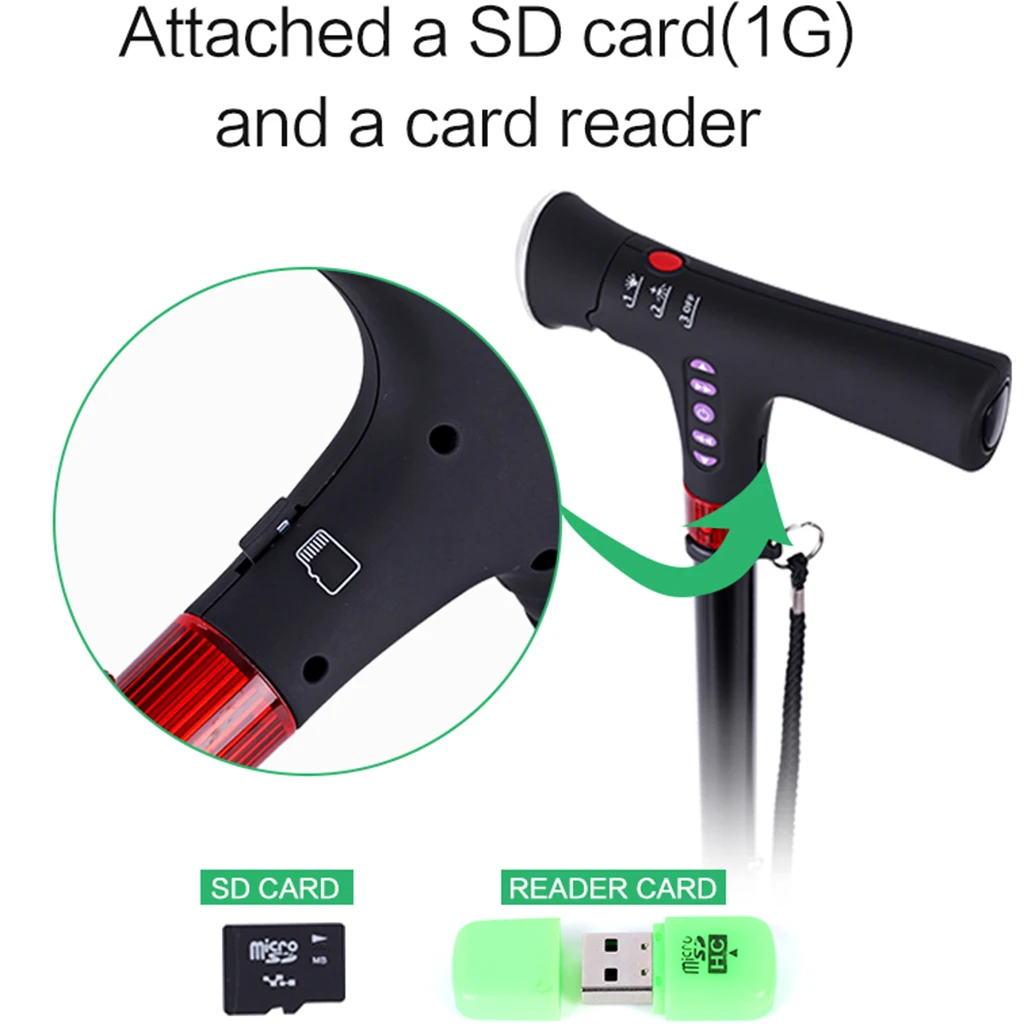 Adjustable Aluminium Walk Stick Cane With LED Light & Alarm And MP3 Player/Radio Recharge Ergonomics Handle Anti Slip Rubber Tip