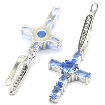

37x15mm 2020 New Arrival Cross Shape Rich Blue Violet Tanzanite CZ Gift For Ladies Silver Earrings