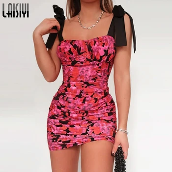 

LAISIYI 2020 Floral Print Sleeveless Cute Bodycon Mini Dress Spring Women Streetwear Ruched Patchwork Clubwear Party Outfits Hot