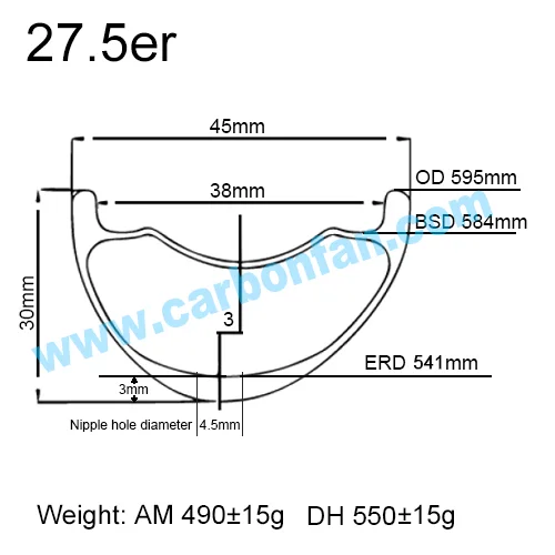Carbonfan 27.5er Width: 45mm Depth: 30mm Asymmetric Carbon Mountain Bike Rim