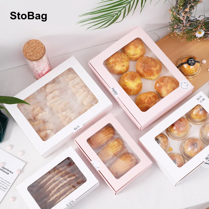 

StoBag 12pcs Baking Cookies Packaging Box With Clear Windower Handmade Puffs Egg Yolk Crisp Birthday Party Chocolate Favors