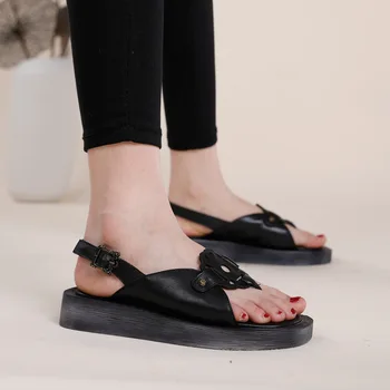 

YourSeason Summer Women Genuine Leather Retro Sandals Flat WithHandmade Leisure Concise Ladies Buckle Strap Casual Shoes