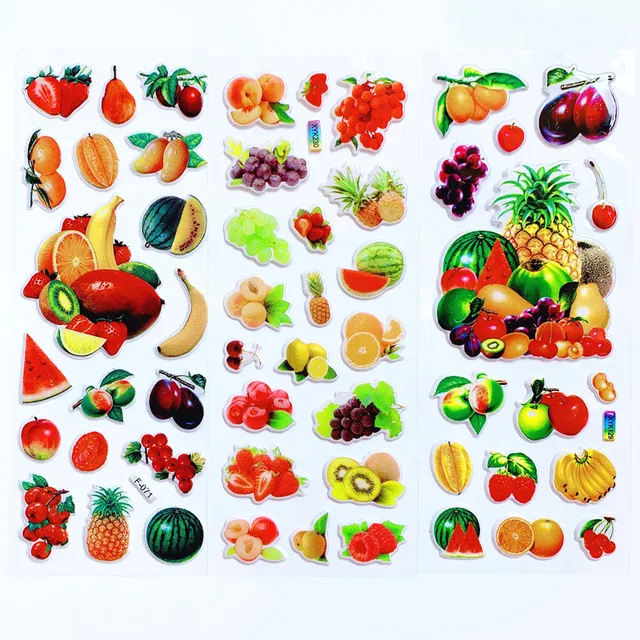 6 Sheets Kids Stickers 3D Puffy Bulk Stickers for Girl Boy Birthday Gift Scrapbooking Fruit Vegetable Cartoon Stickers Toys GYH 6