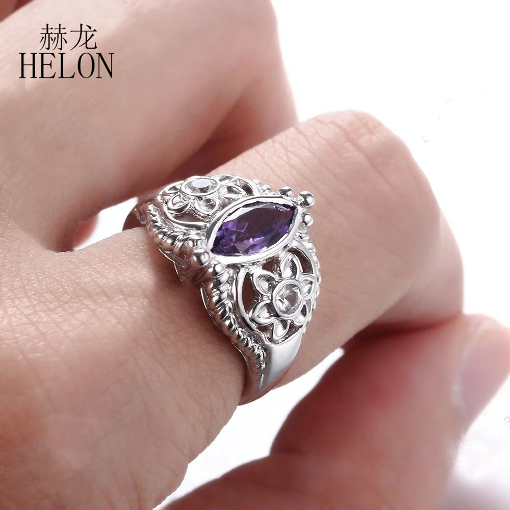 HELON 925 пробы Серебряная маркиза 1.44ct натуральный аметист и белый топаз Обручальное кольцо Изысканные цветы ювелирные изделия кольцо