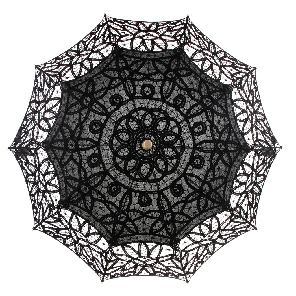 Handmade Cotton Lace Embroidered Parasol Umbrella Wedding Shower Decor Black