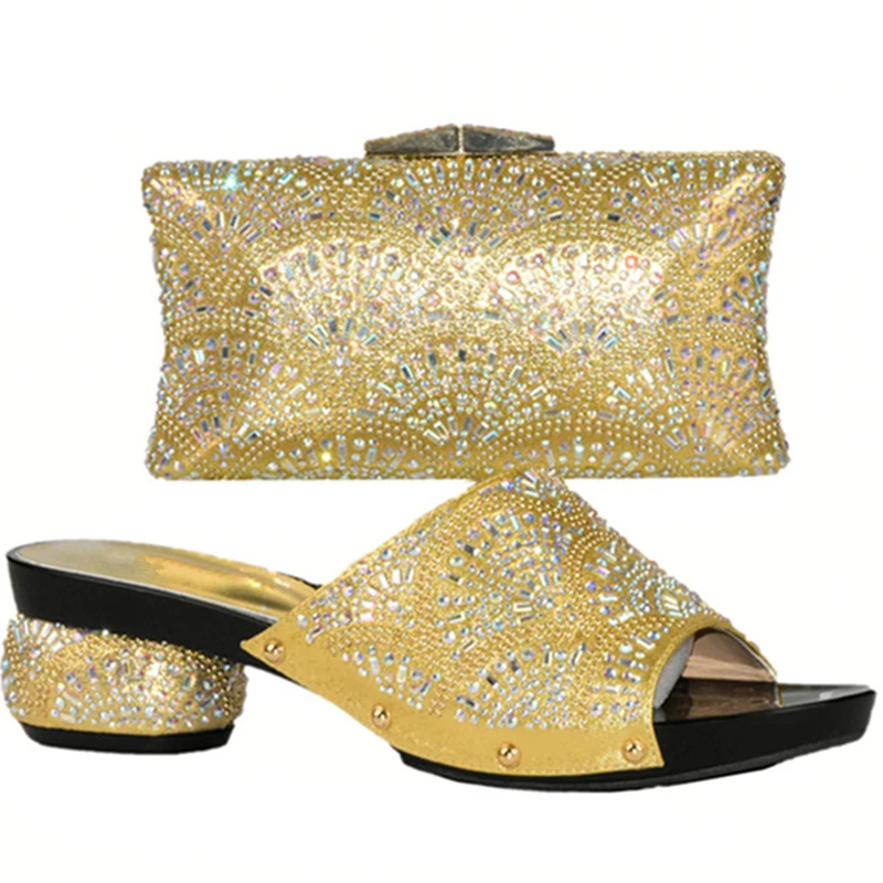 Комплект из туфель и сумочки в нигерийском стиле синего цвета; комплект из туфель и сумочки высокого качества; комплект из свадебной обуви и сумочки в африканском стиле - Цвет: Золотой