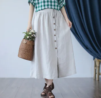 

Summer Skirt Women Retro Elastic Waist Drawstring Split the fork Skirt 2020 New Casual pocket Button Ladies All-match Skirt