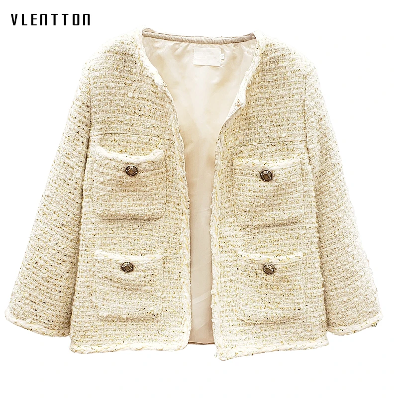 

Autumn Winter Chic Diamonds Tweed Jacket Overcoat Women's O-Neck Long Sleeve Casual Loose Short Jackets Coat Female Outwear