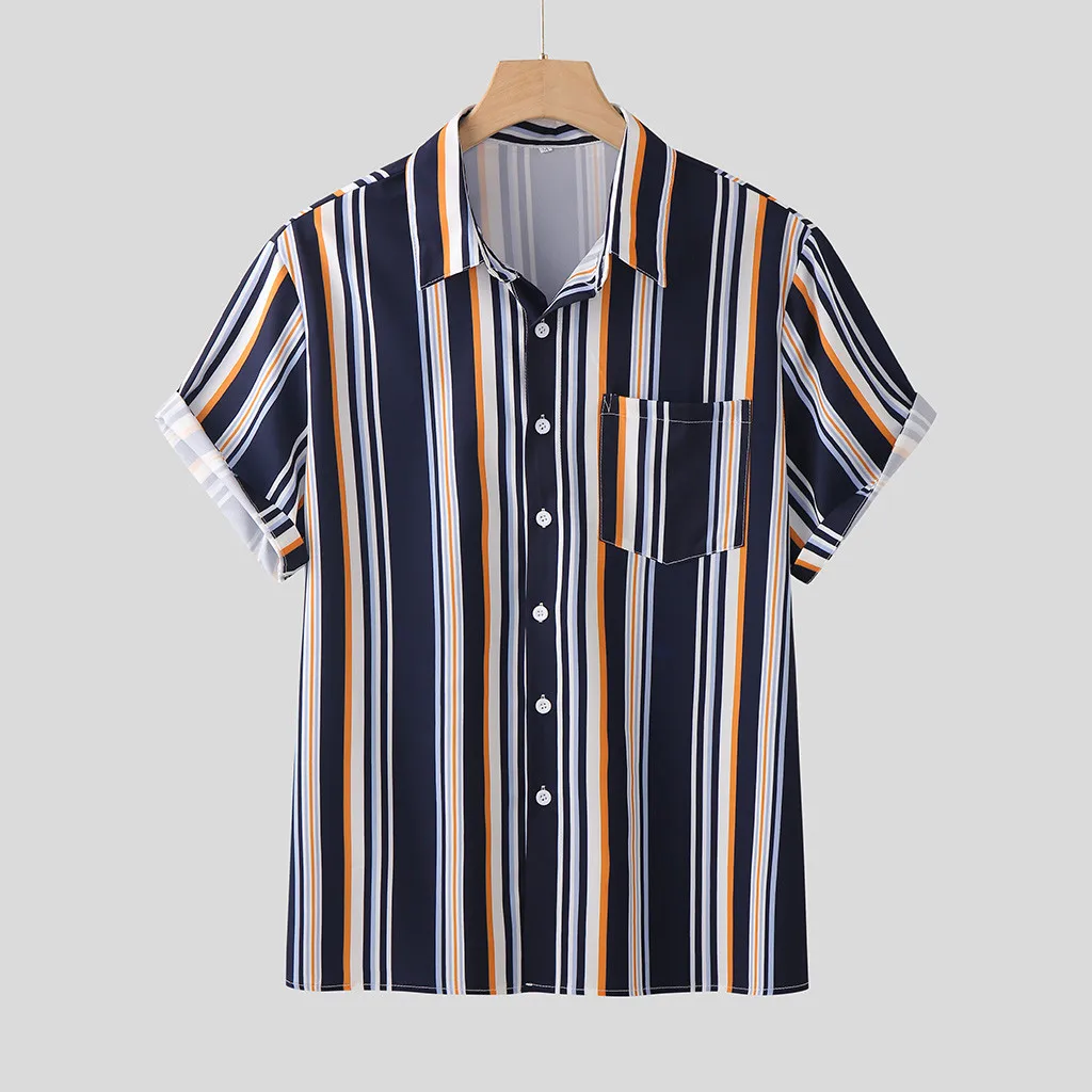 Fashion Men's Shirts Korean Clothes Casual Loose Short Sleeve Striped
