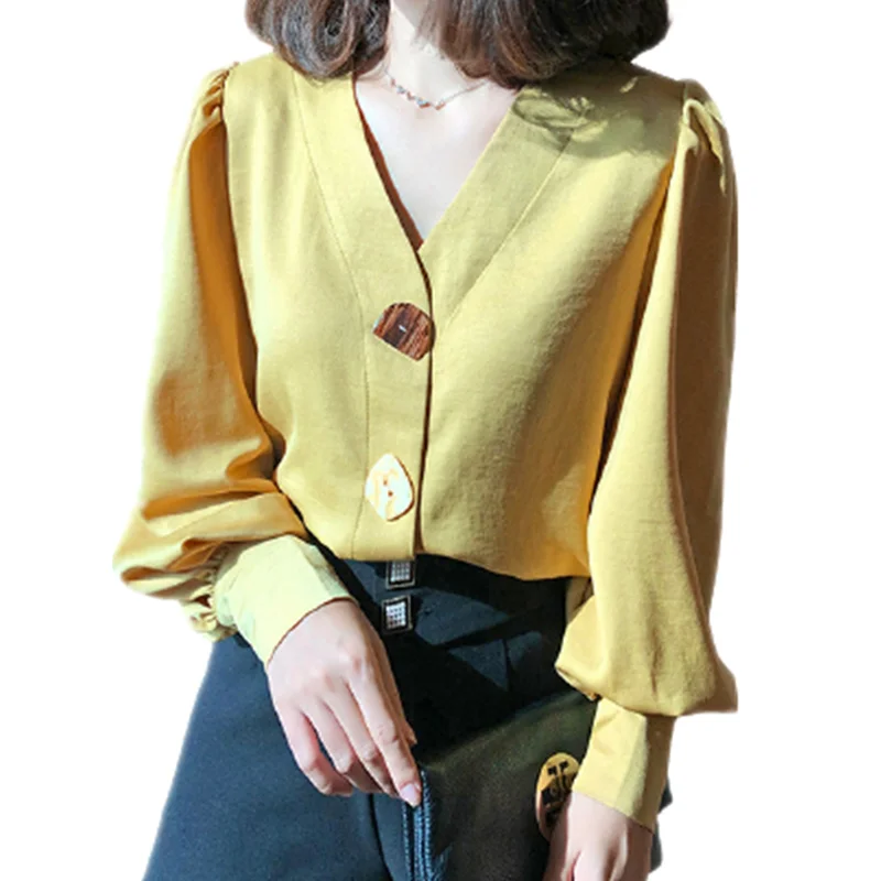 

Beautiful Seashell Button Decoration Woman Autumn Shirt Casual V-neck Lantern Long Sleeve Yellow Blouse Ladies Pink Apricot Tops