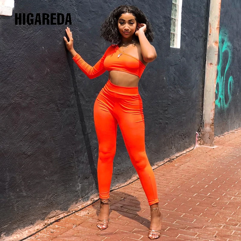 

one shoulder long sleeve crop top high waist tights leggings neon two pieces set 2020 women fitness workout clothing