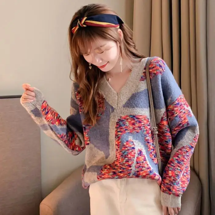 Net red sweater retro printing super fairy top female pullover V-neck bottoming shirt Western autumn and winter Korean v | Женская