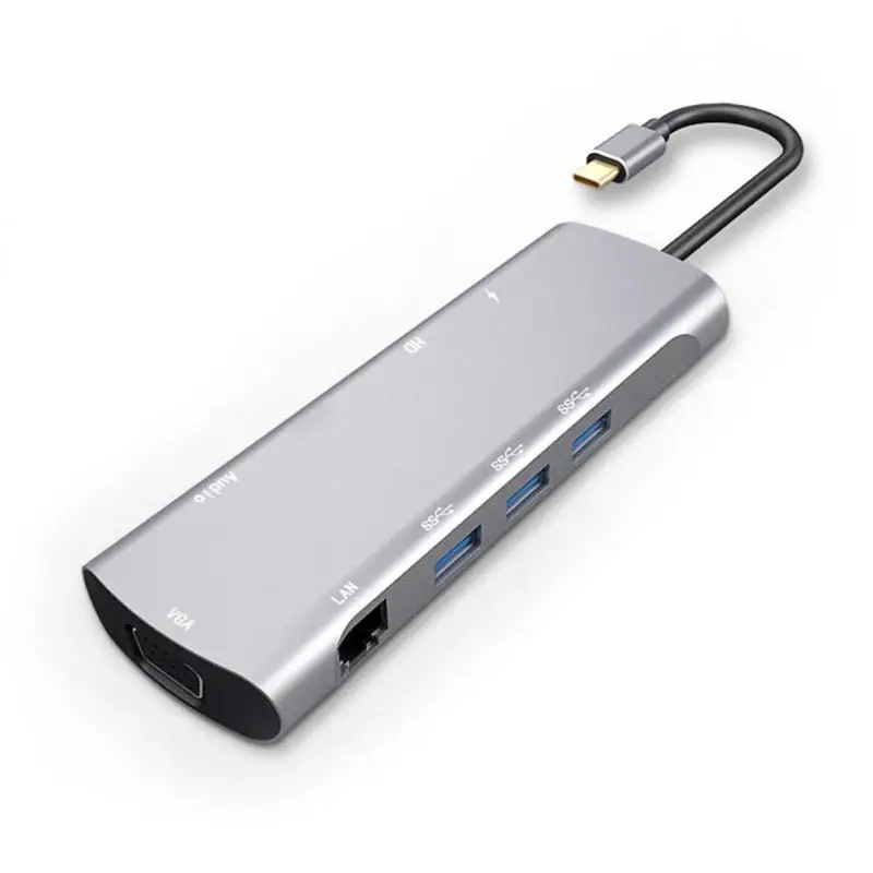 10 в 1 type-C концентратор адаптер USB-C к HDMI VGA USB3.0 TF RJ45 AUX PD конвертер удлинитель адаптер док-станции для ПК ноутбук