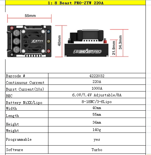 ZTW 1:8 Beast PRO SS 220A Turbo 6 в/7,4 В Регулируемый 8A BEC бесщеточный ESC 3-6S водонепроницаемый полностью алюминиевый нагрев для грузовиков