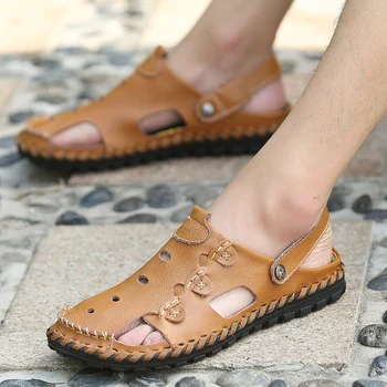 

genuine Leather Men Sandals Black Slippers Fashion Casual Footwear Summer handmade sewing Slipper Zandalias Hombre Shoes