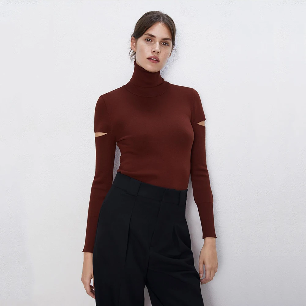 2019 ZA Autumn Sweaters Female High Collar Long Sleeves Open Shoulders Design Elegant Slim Bottoming Shirts Leisure Knit Sweater | Женская