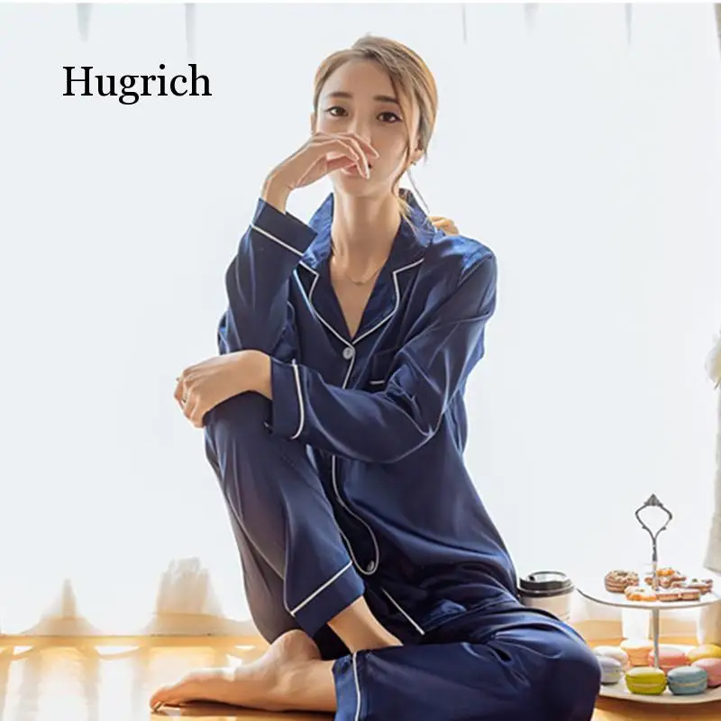 

2 Pieces Faux Silk Satin Pajamas Set Autumn Women Sleepwear Long Sleeve Nightgown for Female Ladies Pyjamas