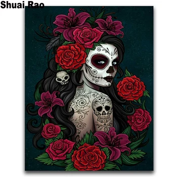 

Full square round diy Diamond Painting rose SKull girl Cross Stitch 5D Diamond Embroidery Mosaic fantasy art Tattoo woman,