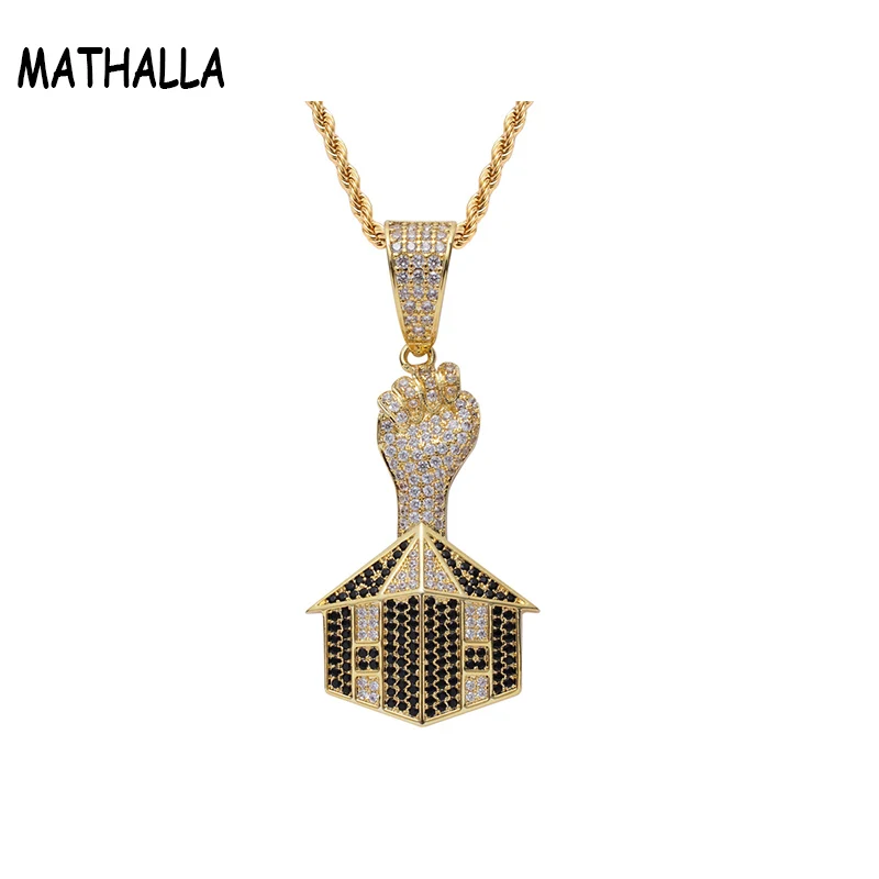 

MATHALLA Trendy Hiphop Jewelry Micro Paved House Held By Fist Pendant Men and Women Necklace jewelry