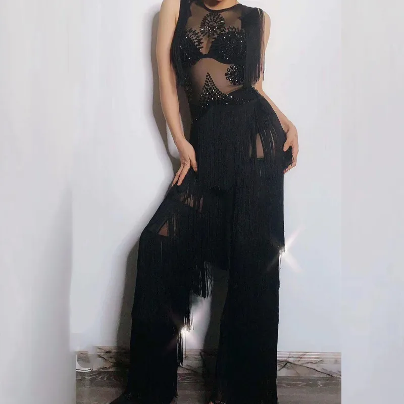 Комбинезон женский сетчатый прозрачный с бахромой черного цвета | Женская одежда