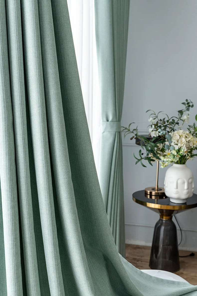 2021 New Light Luxury Green Stripes Solid Color Cotton and Linen Blackout Curtains for Bedroom Living Room Balcony Customization