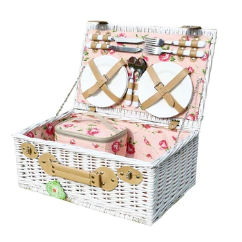 

New pearl white portable wicker picnic basket insulated rattan with lid storage basket shopping basket camping