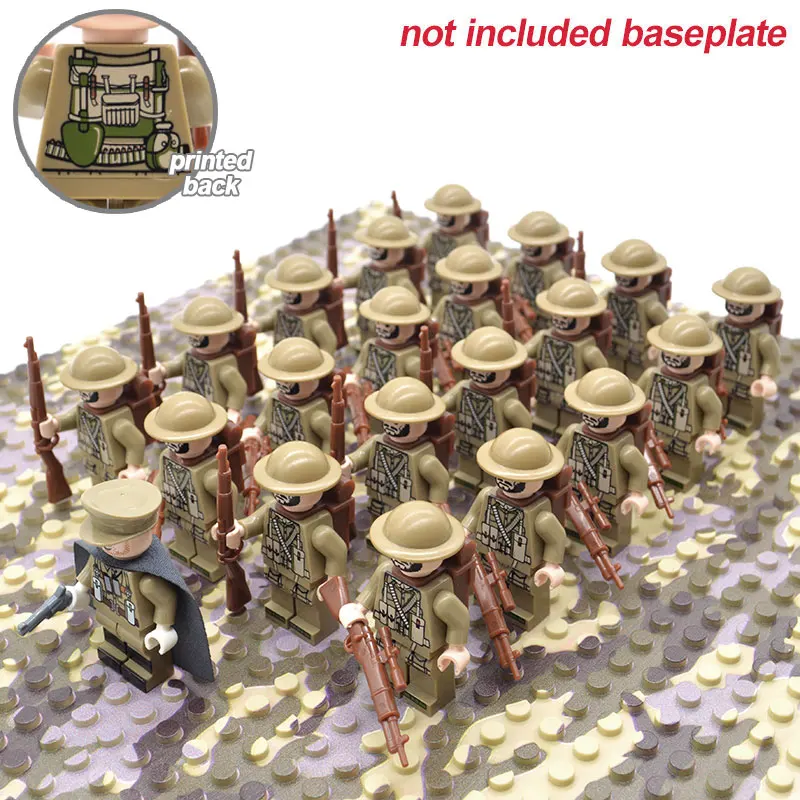 

21PCs Lot WW2 UK Army Troops Africa War Military Soldiers with Guns Weapons Backpack Building Blocks Brick Toys for Kids
