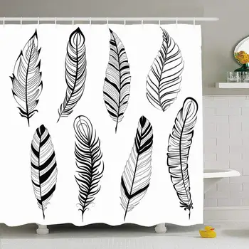 

Shower Curtain Set with Hooks 72x78 Your Vintage Drawn Texture Organic Sign Line Drawing Feather Isolated On White Nature Set