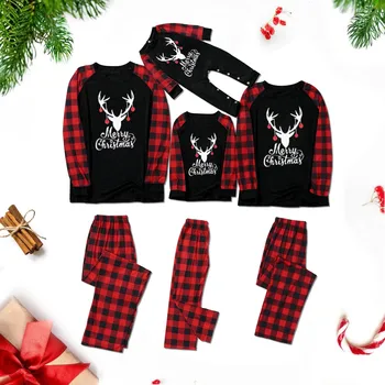 通販 親子の衣装家族4スーツメリークリスマスパジャマ鹿チェック柄家族マッチングクリスマスパジャマパンツy4