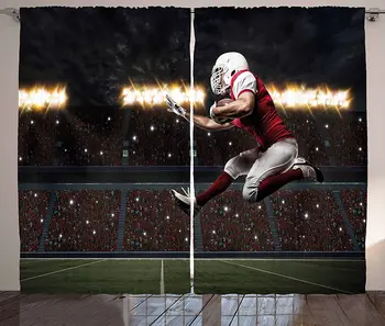 

Sports Curtains Football Player in a Red Uniform Running on a Stadium Professional Living Room Bedroom Window Drapes Olive Green