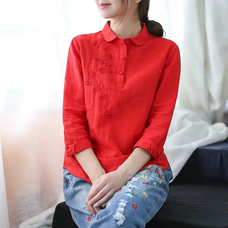 Хлопок Рубашки с вышивкой осень Для женщин с длинным рукавом Винтаж блузки отложной воротник повседневные топы, блузы Mujer Plus Размеры S214 - Цвет: Red