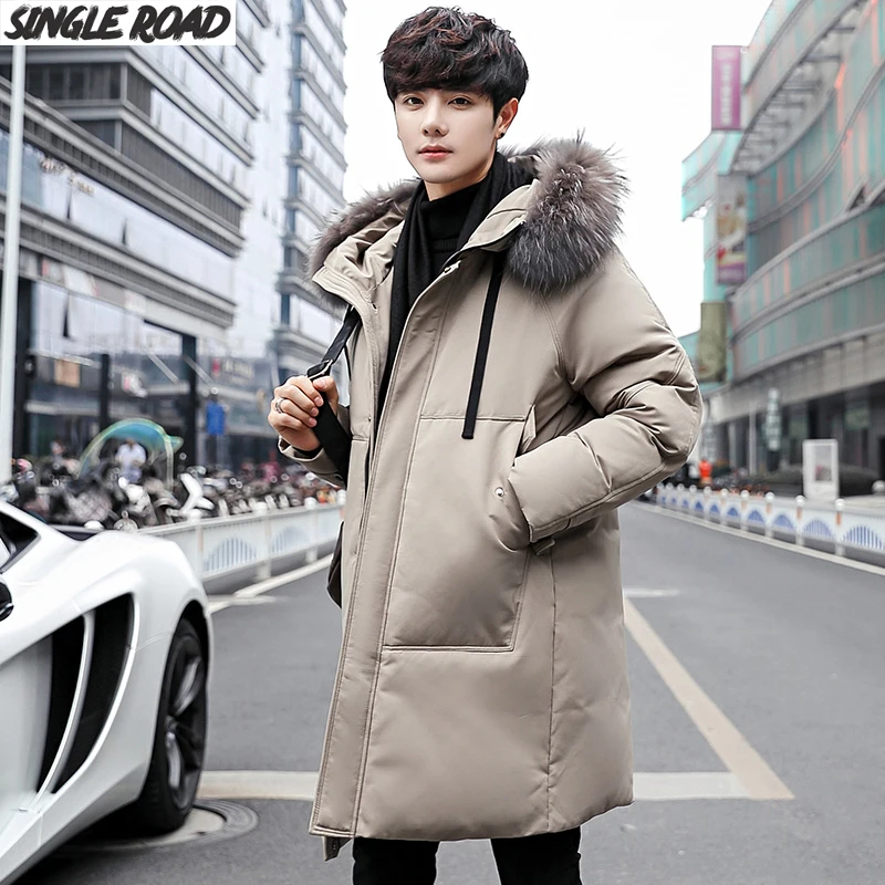 SingleRoad пуховик мужской зимний длинный Новая модная куртка на утином пуху Мужская ветровка от снега с капюшоном теплая верхняя одежда для мужчин