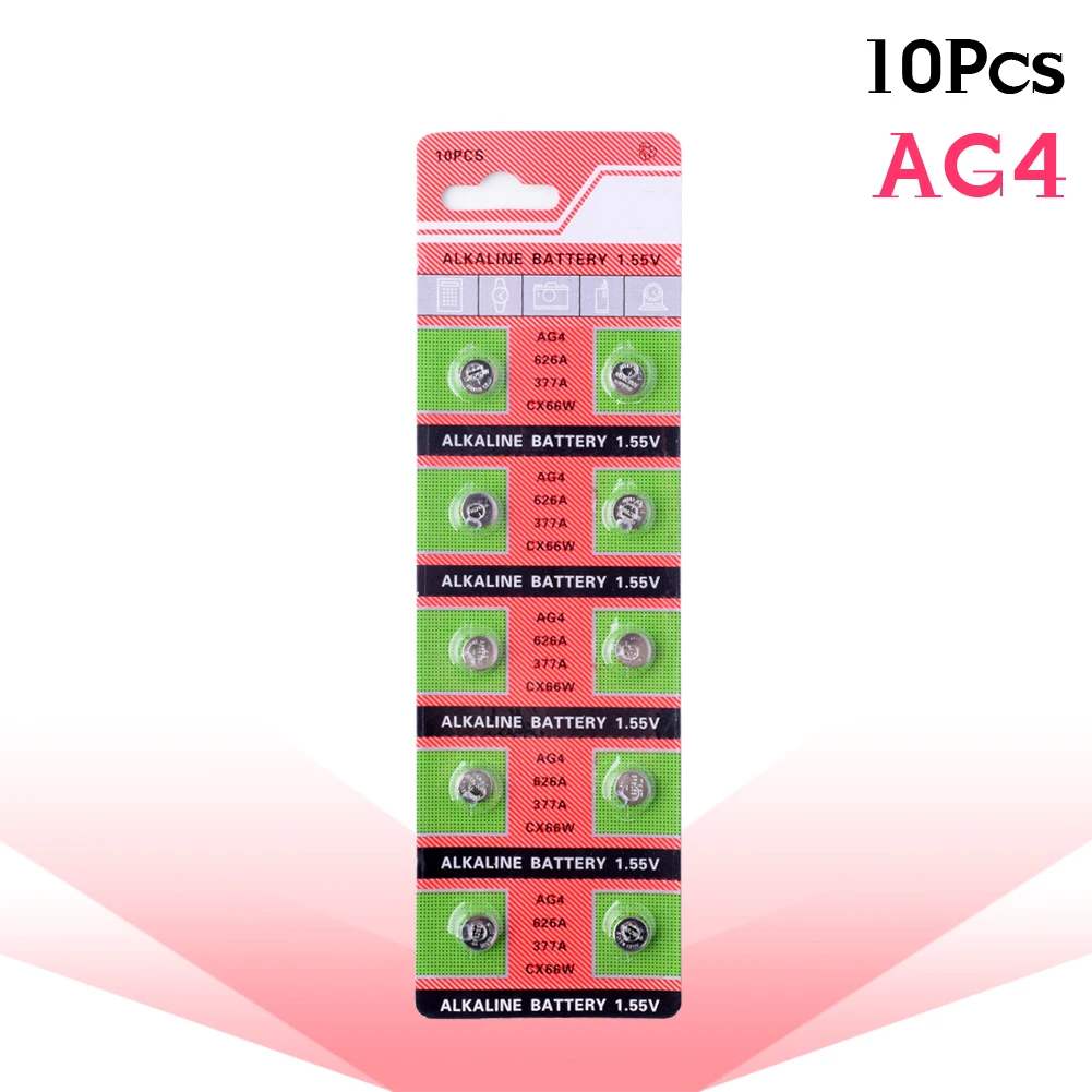 10pcs/pack Cell Coin Alkaline Battery 1.55V AG4 LR626 377A SR626 LR66 177CX66W For Gadgets Watches Camcorders Button Batteries