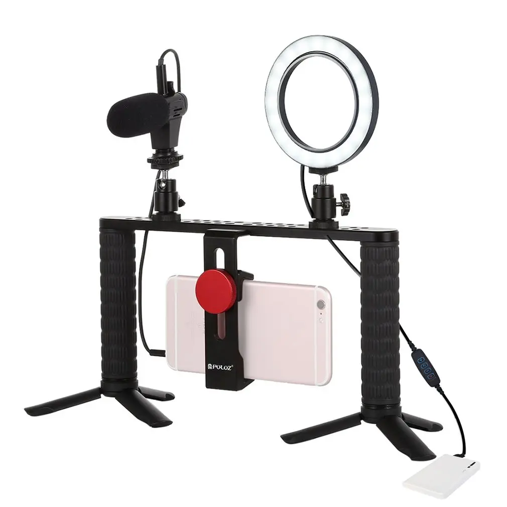 

PULUZ Led Selfie Light Smartphone Video Rig Handle Stabilizer Bracket Kits With Microphone Tripod Mount + Cold Shoe Tripod Head